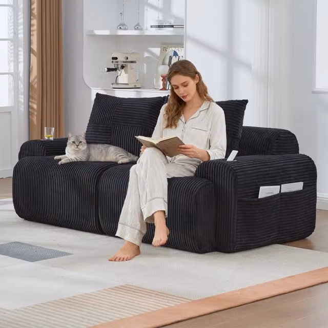 Divano modulare a 2 posti con portabicchieri e tasca laterale con imbottitura ergonomica in tessuto a coste nero