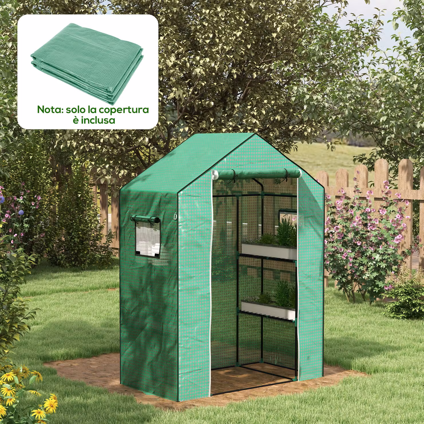 Copertura in PE verde Outsunny per serra da giardino con porta a cerniera e finestre, L 140 cm x P 73 cm x H 190 cm – 2