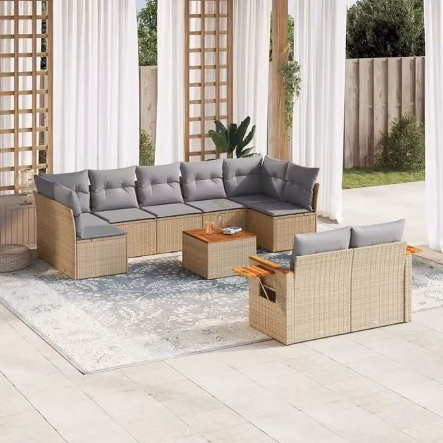 Set Divano da Giardino a Forma di U VIDAXL in Polyrattan Beige con 10 Pezzi e Cuscini – 1