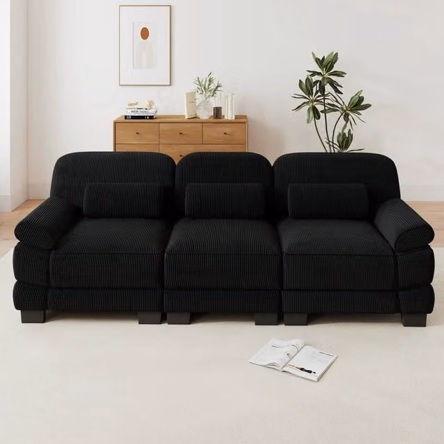 Divano modulare a 3 posti in velluto a coste nero; 265 x 88;5 x 94 cm