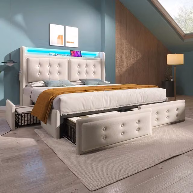 Letto adulto con LED e USB-C - Xylo - 180x200 cm - Beige - 4 cassetti