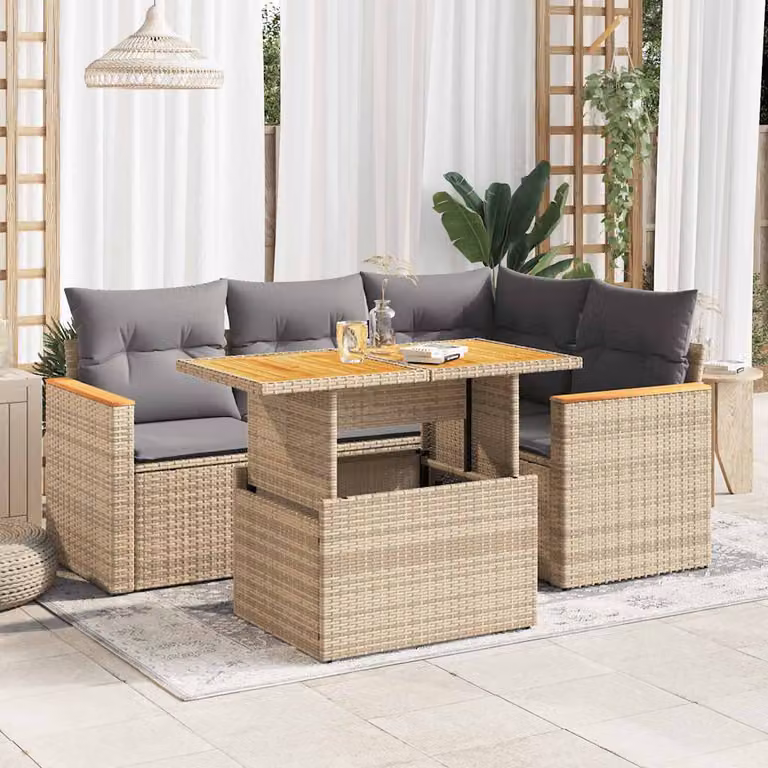 Set Divano da Giardino vidaXL 5 Pezzi in Polyrattan e Legno di Acacia con Cuscini Beige e Grigio a Forma di L con Tavolino da Caffè
