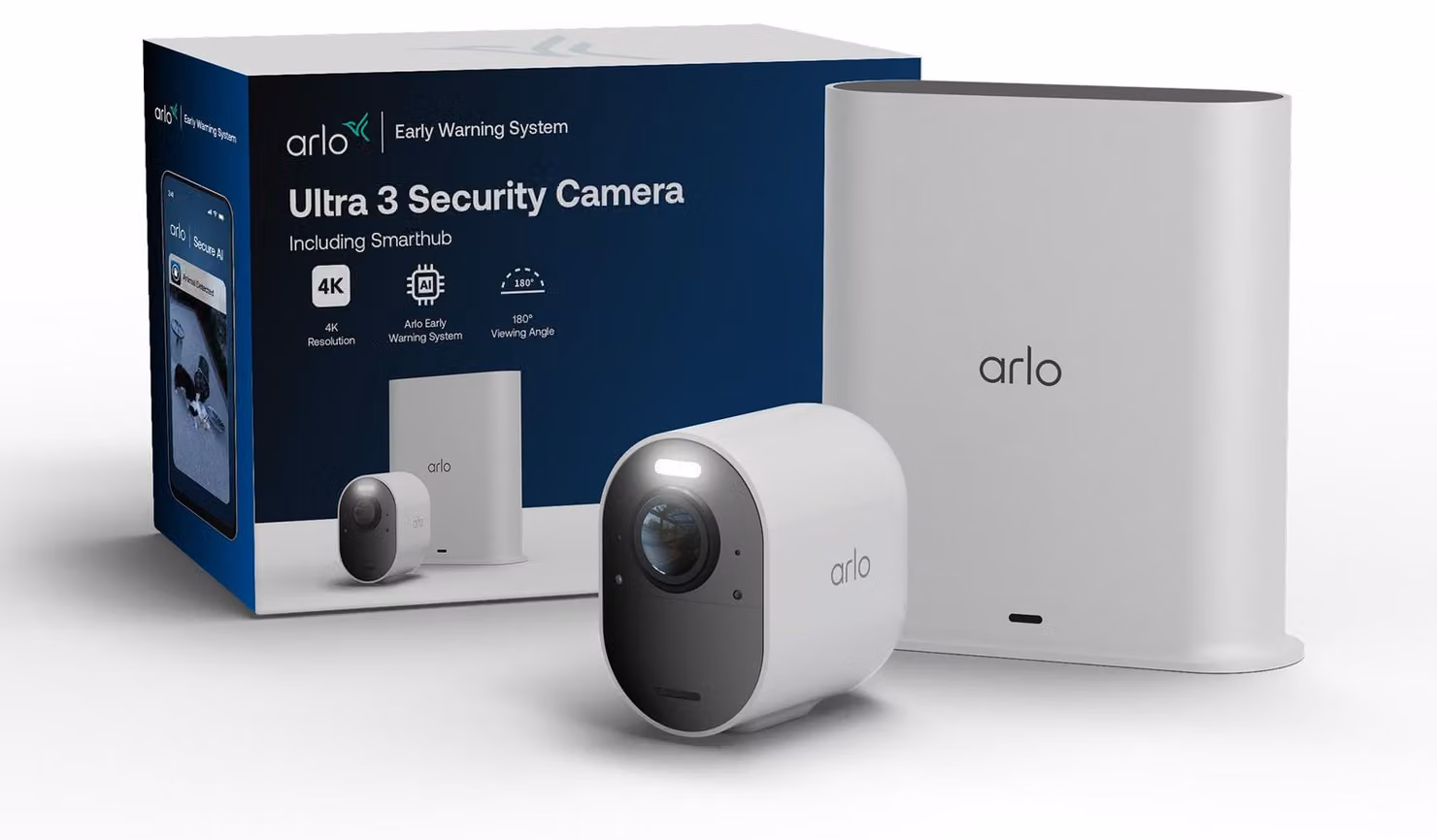 Telecamera di sorveglianza Arlo Ultra 3 4K con SmartHub, telecamera di sicurezza IP, per interni ed esterni, con cavo e wireless, 7,5 m, Amazon Alexa e Google Assistant, danese, tedesco, olandese, inglese, spagnolo, francese, italiano, norvegese,...