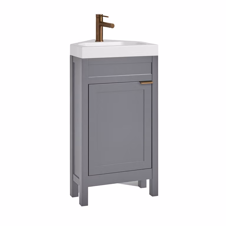 Mobile Bagno Angolare Grigio Chiaro da 450mm con Lavabo e Maniglia Moderna con Impugnatura a Dito in Rame Satinato - Warwick