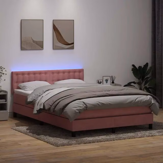 Letto a Molle con Materasso e LED Rosa 160x210 cm in Velluto 3317276