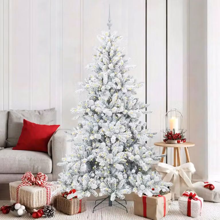 Albero di Natale Artificiale Moderno vidaXL Bianco con Luci LED Warm White e Rami Pieghevoli in PVC e Metallo