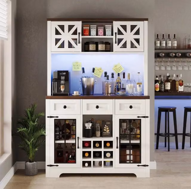 Hochschrank mit Smart LED Beleuchtung, Weinregal und verstellbaren Einbauregalen, 120x40x180 cm, MDF/Glas/Metall, schwarz