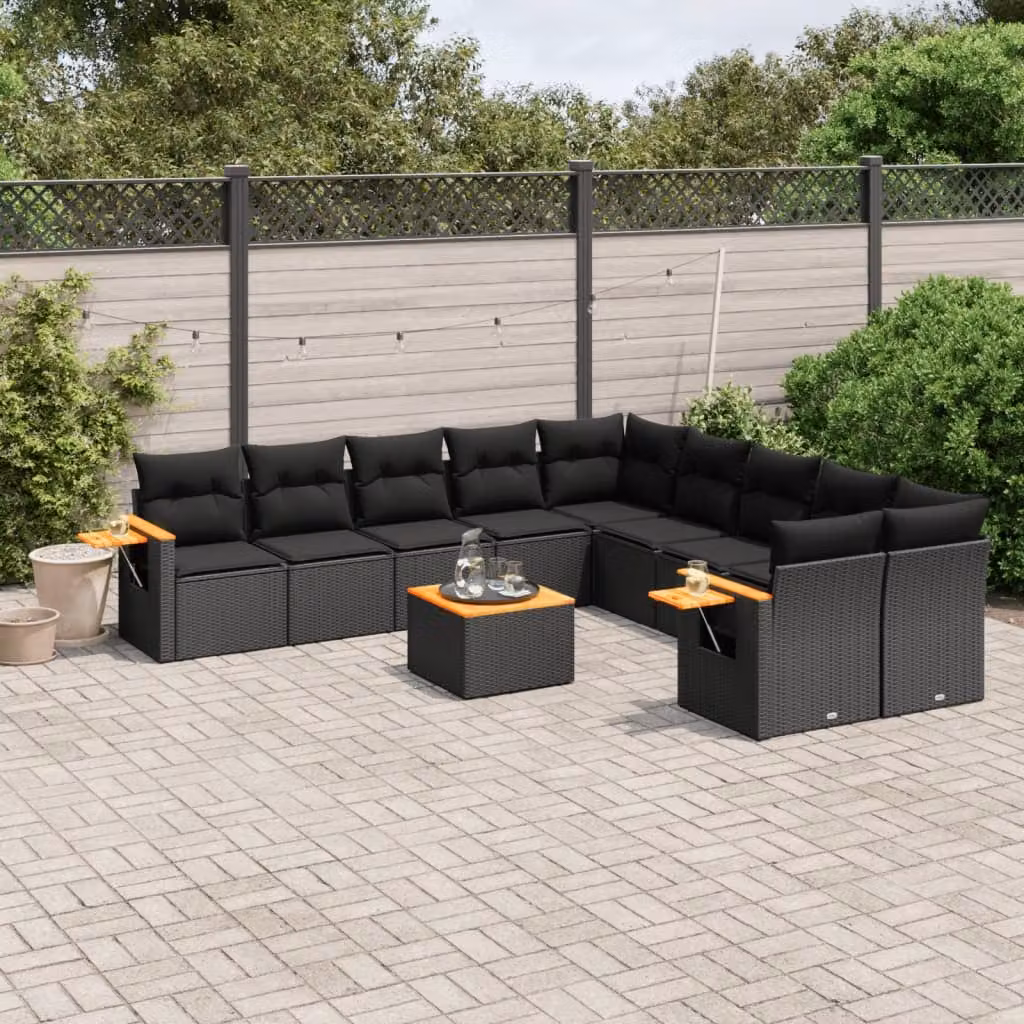 vidaXL Set Divani da Giardino 11 pz in Polyrattan Nero con Cuscini e Tavolino da Esterno – 1