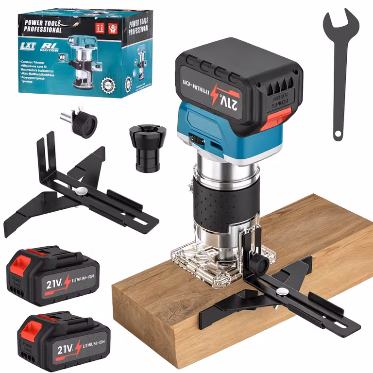 Macchina portatile per il taglio di legno, alimentata a batteria: compatta, con motore a spazzole, dotata di funzione di fresatura e fornita con 2 batterie
