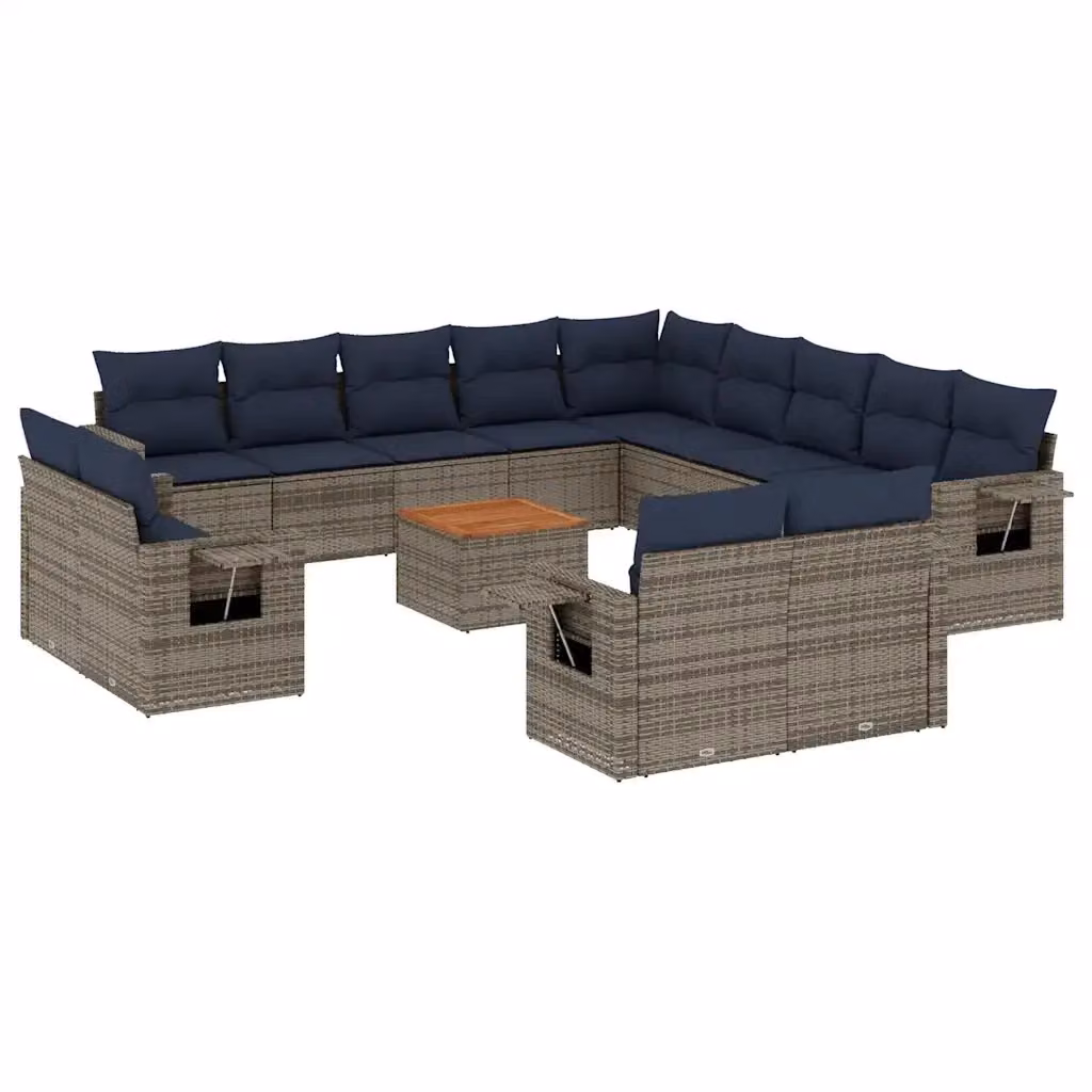 Set di divani da giardino a L vidaXL in polyrattan con cuscini grigi e blu e tavolino da esterno – 2