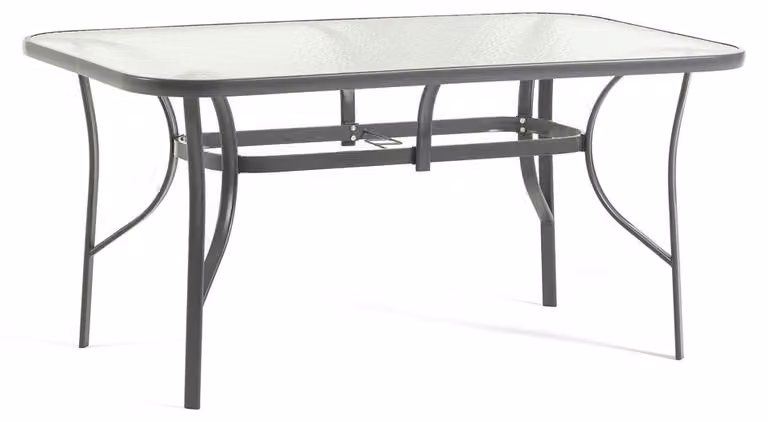 Tavolo da giardino rettangolare 150x90 in acciaio con piano in vetro temperato per terrazze, verande e pranzi all'aperto, Dario