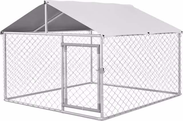 Recinto per cani taglia media da esterno GIORDANOSHOP con tetto impermeabile in poliestere e struttura in acciaio zincato, Argento, H 150 x L 200 x P 200 cm