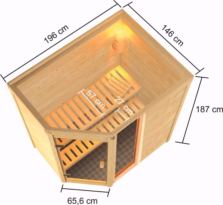Sauna Woodfeeling Jada (ingresso ad angolo), porta tutto vetro, bronzata, senza accessori