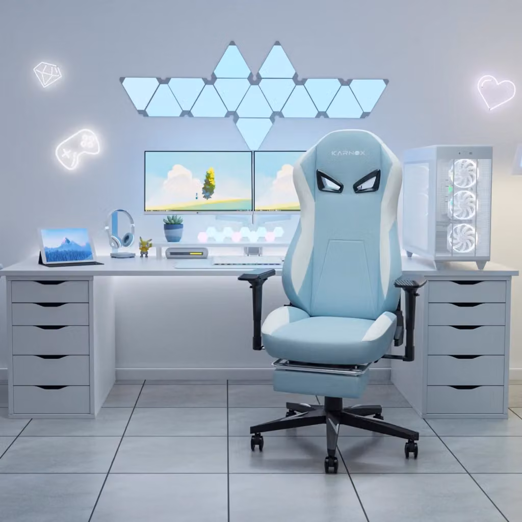Sedia da gaming ergonomica Karnox in tessuto blu con poggiapiedi e schienale alto per adulti – 2