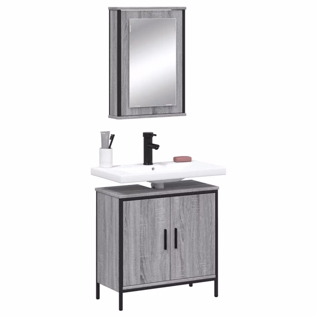 Set Mobili da Bagno Moderno vidaXL in Grigio con Mobile Lavabo e Armadietto Specchio in Legno e Metallo