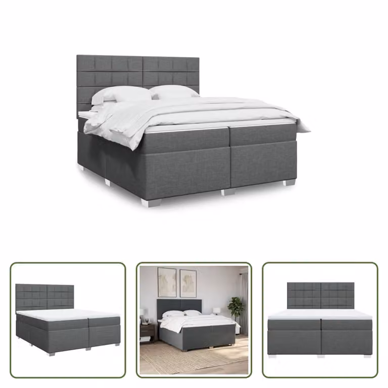 The Living Store Letto a molle con materasso grigio scuro 200x200 cm in tessuto
