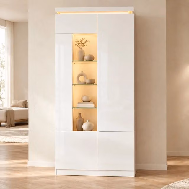 Vetrina alta 80x35x180 cm con LED Bluetooth; ante in acrilico e MDF bianco lucido