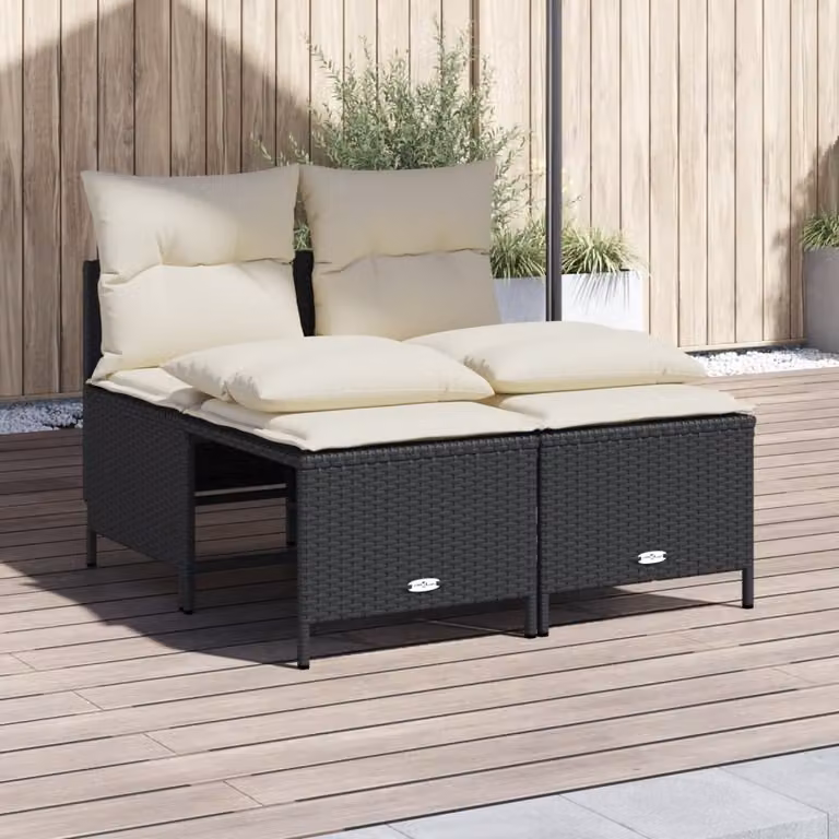 Set da giardino vidaXL in rattan nero con cuscini beige e struttura in acciaio, composto da divano a 2 posti, elemento angolare e pouf