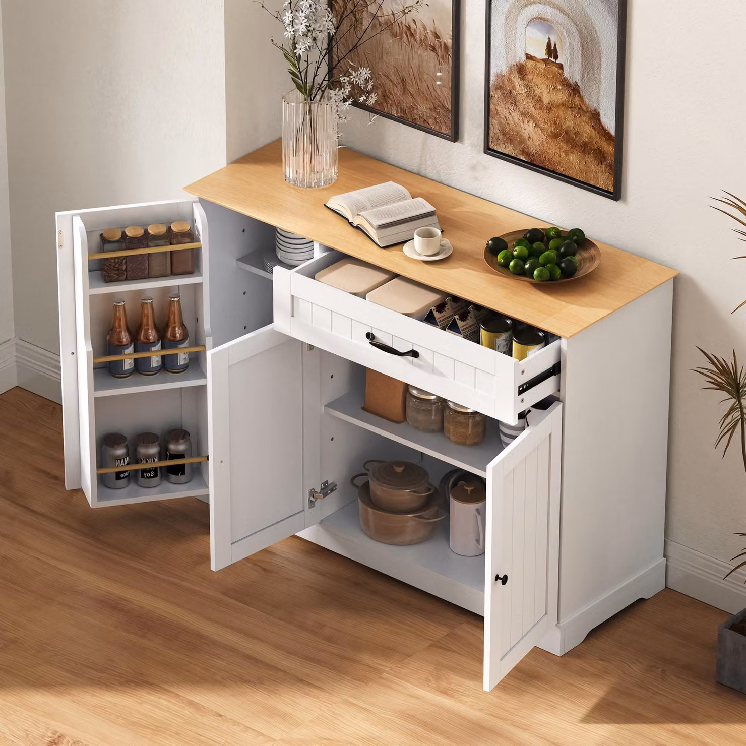 MODFU Elegante credenza buffet cassettiera con maniglie e pomelli in metallo, mobile contenitore con ripiani regolabili, mobile laterale con 3 ante e un cassetto, bianco+natura
