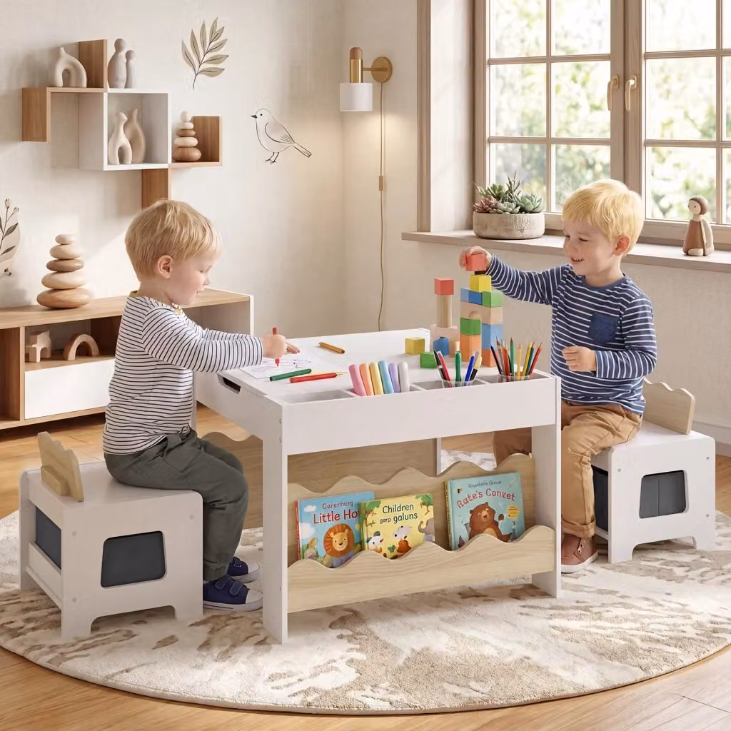 Set tavolo e sedie per bambini 3-6 anni in legno e MDF con lavagna reversibile e cassetto, design scandinavo, Bianco e Naturale – 2