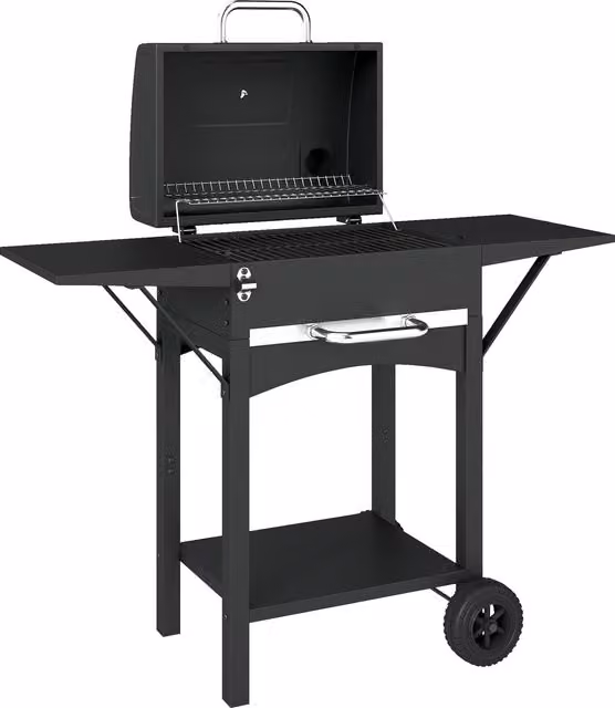 Barbecue a carbone Outsunny con 2 ripiani laterali, termometro, coperchio e ruote, Nero, L 110 cm x P 46.5 cm x H 101 cm – 1