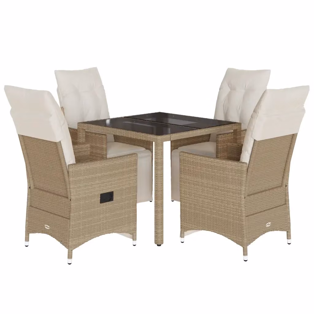 Set da Bistrò da Giardino e Balcone vidaXL in Polyrattan con Cuscini Beige e Piano in Vetro, 5 Pezzi – 2
