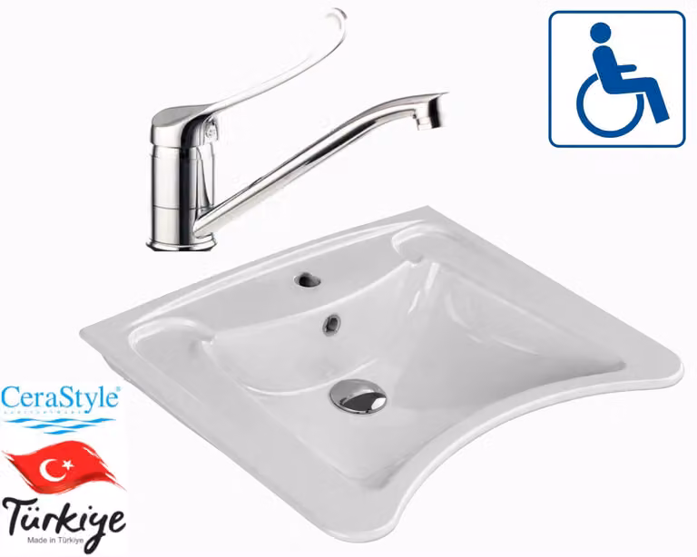 Cera Style | Lavabo per persone con disabilità - 60x50 cm - Bianco - Con rubinetto medico a colonna
