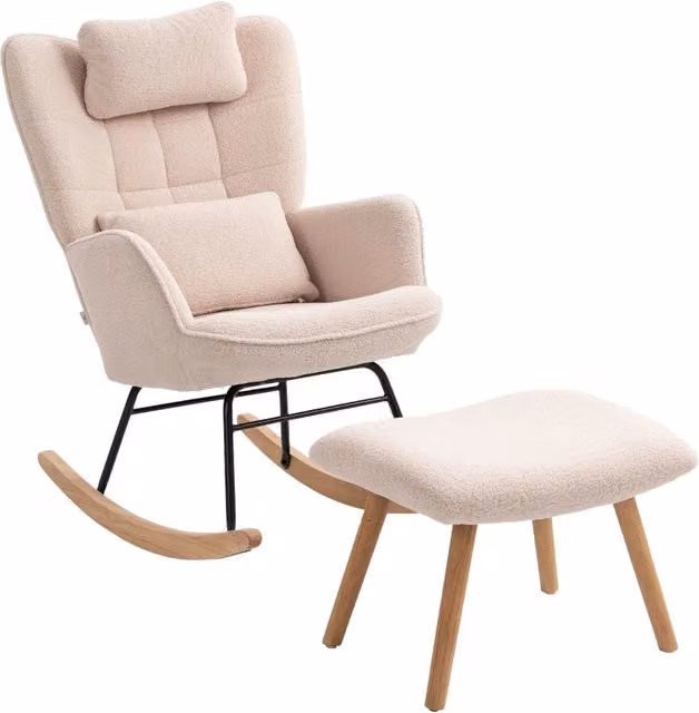 Sedia a dondolo con poggiapiedi integrato Chicfurn, schienale alto e cuscini in tessuto beige con struttura in legno e metallo, H: 101.5 cm, L: 70.5 cm, P: 99.5 cm