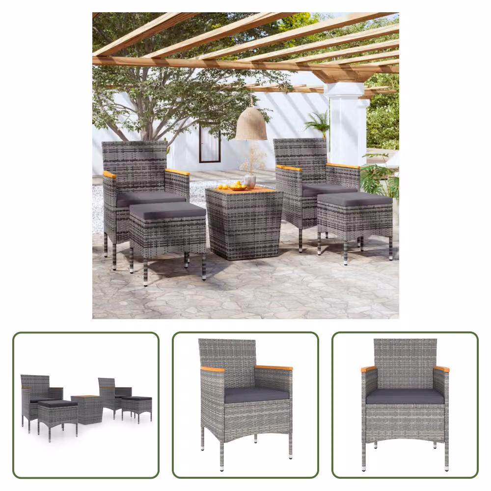 The Living Store Set bistrot da giardino 5 pezzi in poly rattan e legno massiccio grigio acacia