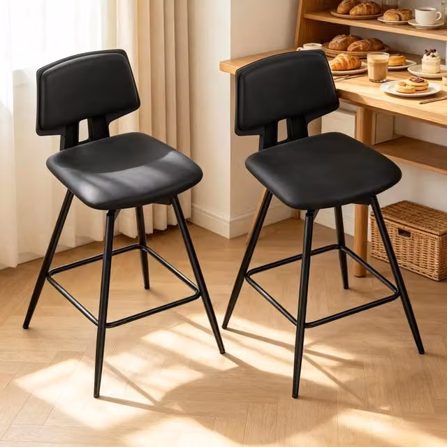 Set da 2 pezzi di sgabelli alti girevoli REDOM in ecopelle nera con struttura in metallo, L/P/H: 45,5 x 45,5 x 89 cm