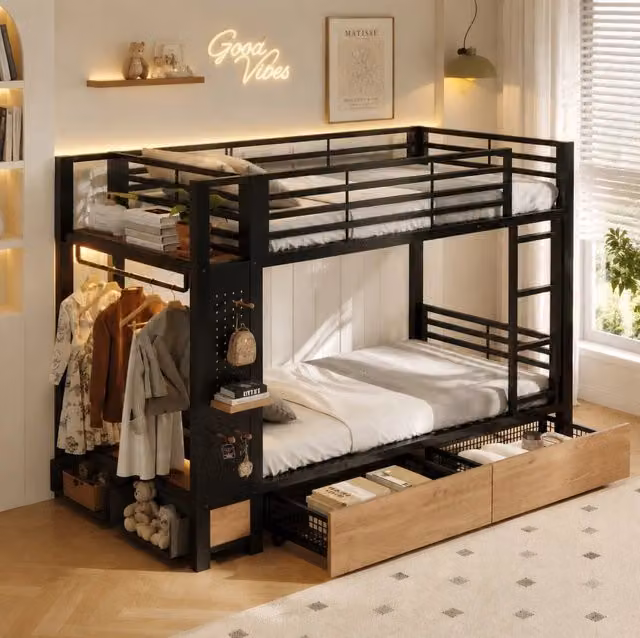 Letto a castello 90x200 cm in metallo e MDF con LED; area appendiabiti e contenitori nero