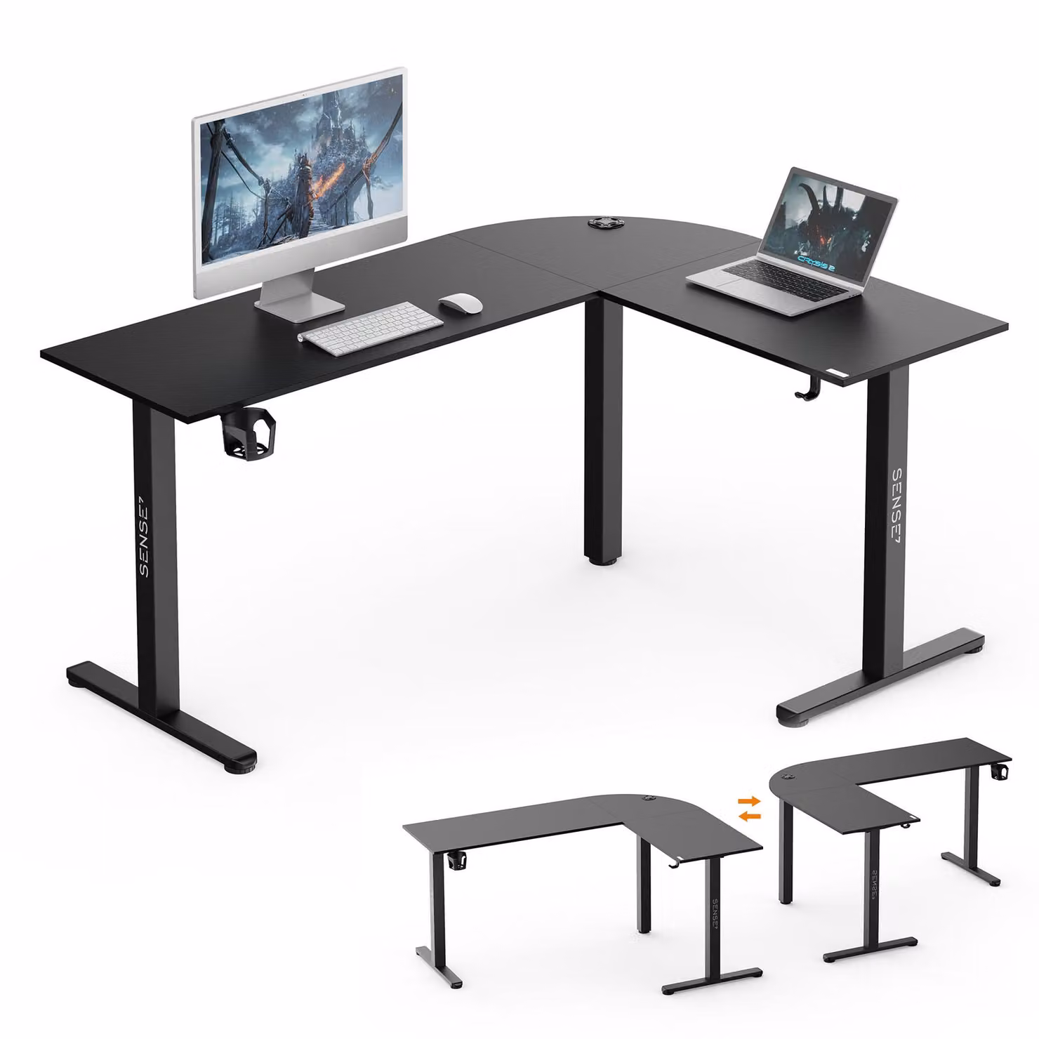 Sense7 RONG, scrivania angolare da gaming, forma a L, 154x117 cm - Nero, aspetto carbonio, scrivania per computer, ideale per giocatori e per l'ufficio domestico