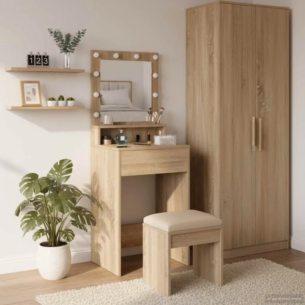 Toeletta con scaffale e specchio Hollywood LED in finitura Rovere Sonoma, L 50 cm x P 41 cm x H 135 cm – 2