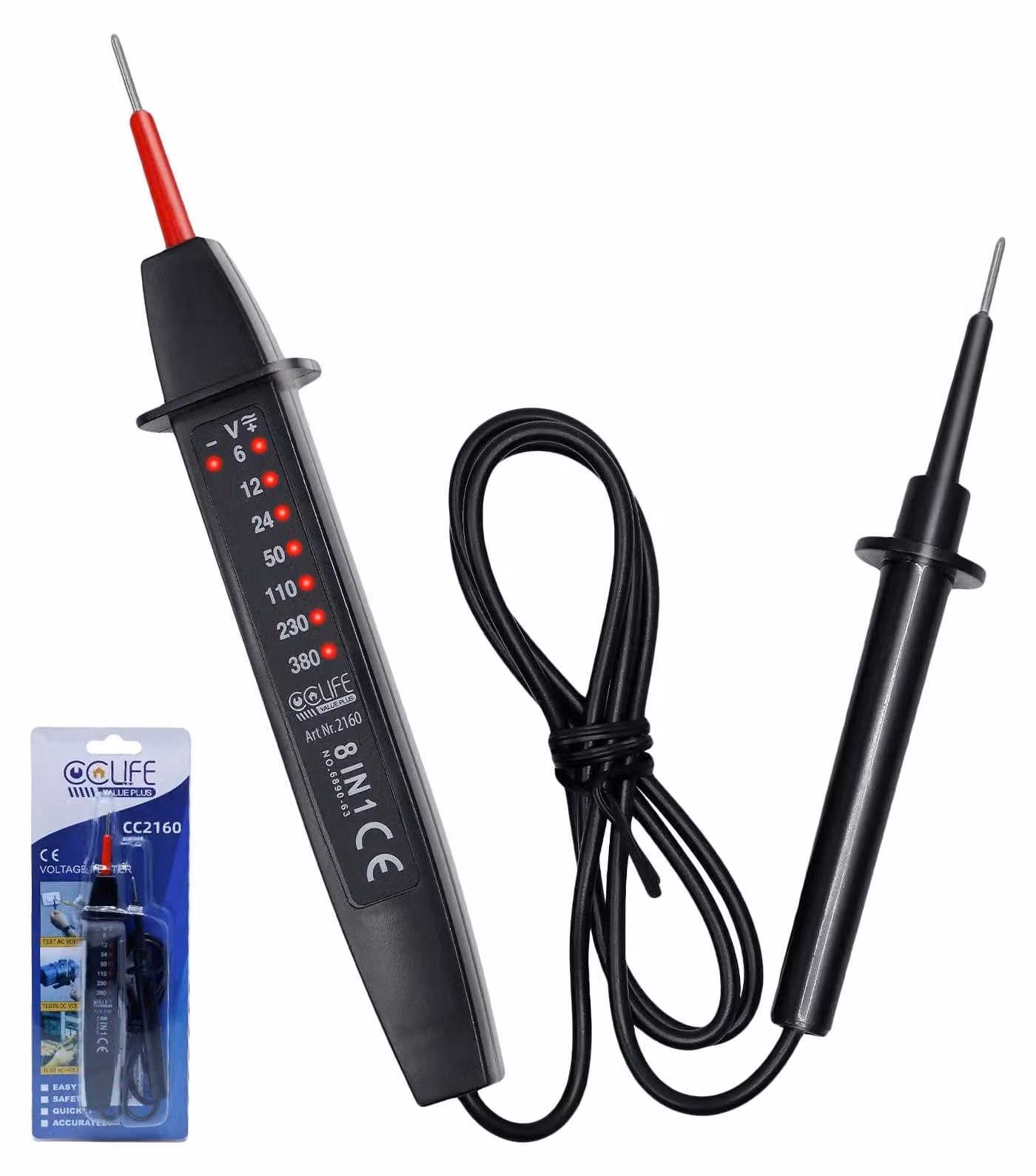 Tester di tensione bipolare - Tester di fase - 6-380 V AC/DC - Display LED