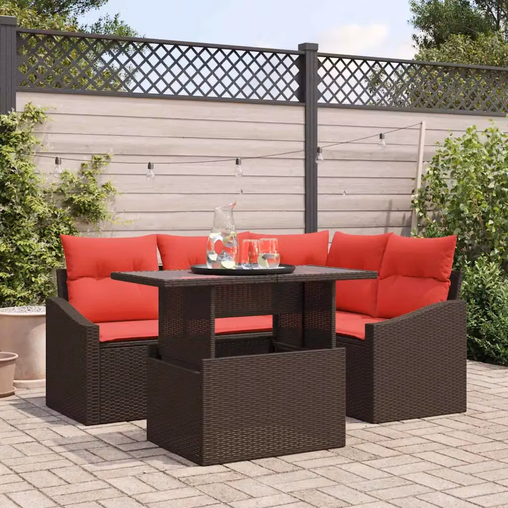 Set Divano da Giardino vidaXL 5 Pezzi a Forma di L con Tavolino, Colore Marrone e Rosso, Struttura in Metallo e Polyrattan con Cuscini Inclusi