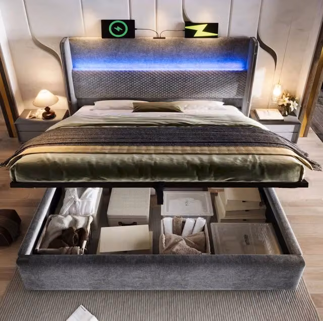 Letto con contenitore 160x200 cm in lino, legno e metallo, LED, USB e materasso