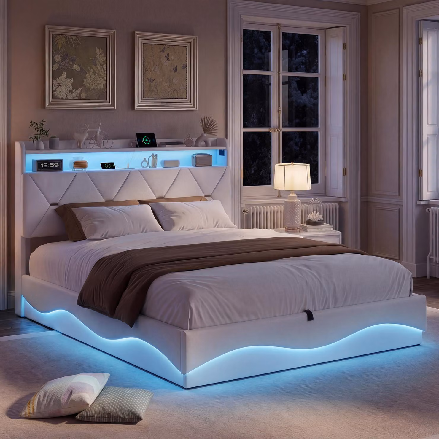 Letto imbottito ProximaX 140x200 cm, velluto beige, vano contenitore idraulico, testiera con illuminazione a LED e ripiano, stazione di ricarica USB