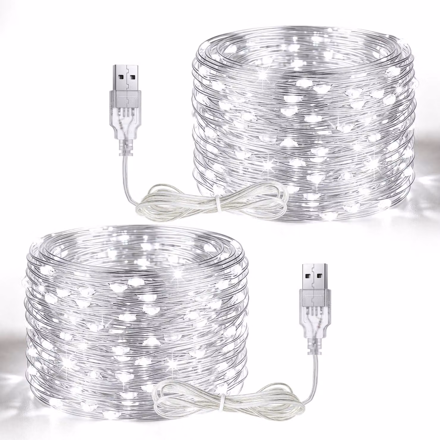 Set di 2 catene luminose USB, lunghezza 5 metri, 50 LED, luce bianca fredda