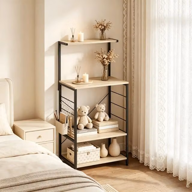 Scaffale REDOM per cucina e soggiorno con 4 ripiani in metallo e legno, colore nero e beige, H 123 x L 60 x P 40 cm