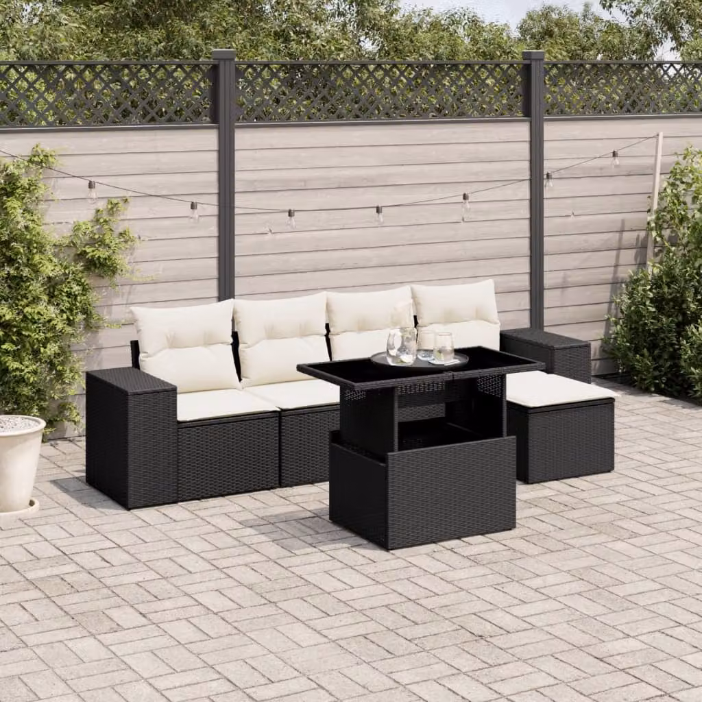 Set Divano da Giardino vidaXL 6 pz in Polyrattan Nero con Cuscini e Tavolino – 1