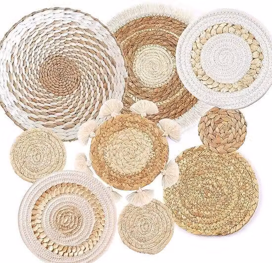 Set da parete in rattan composto da 9 pezzi - Decorazione bohémien in rattan di alghe marine - Decorazione da parete rotonda per soggiorno, camera da letto e sala da pranzo