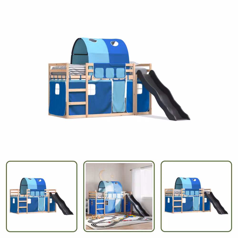 The Living Store Letto a castello con scivolo e tende Blu 80x200 cm
