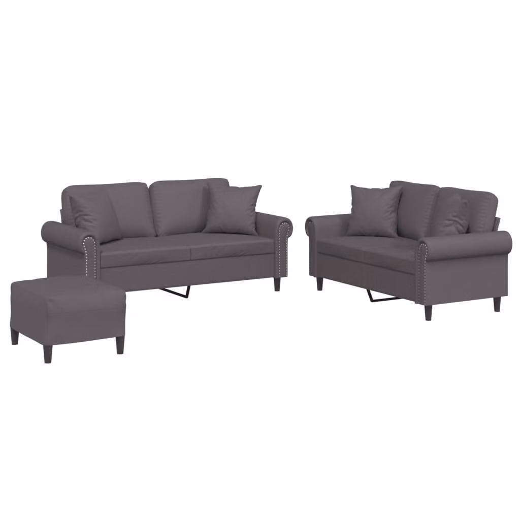 Set di Divani 3 pz con Cuscini Grigio in Pelle finta