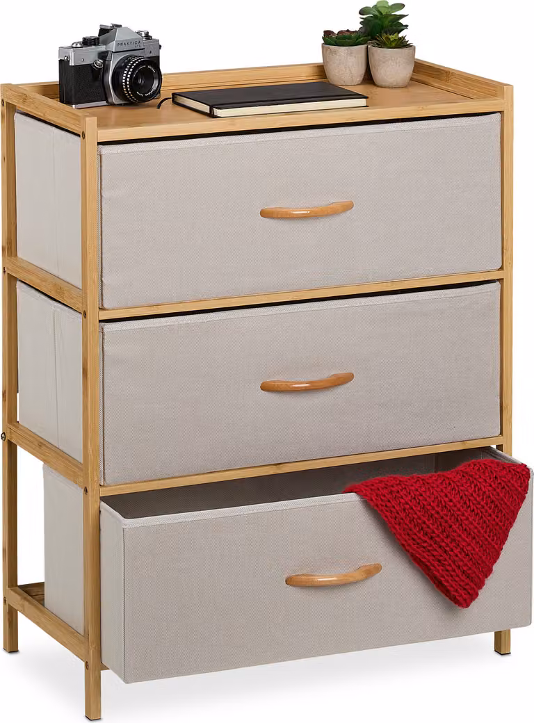 Comodino Relaxdays, bambù, 3 cassetti in tessuto, ingresso, camera da letto, L x P x A 73 x 57,5 x 30 cm, cassettiera, naturale/beige
