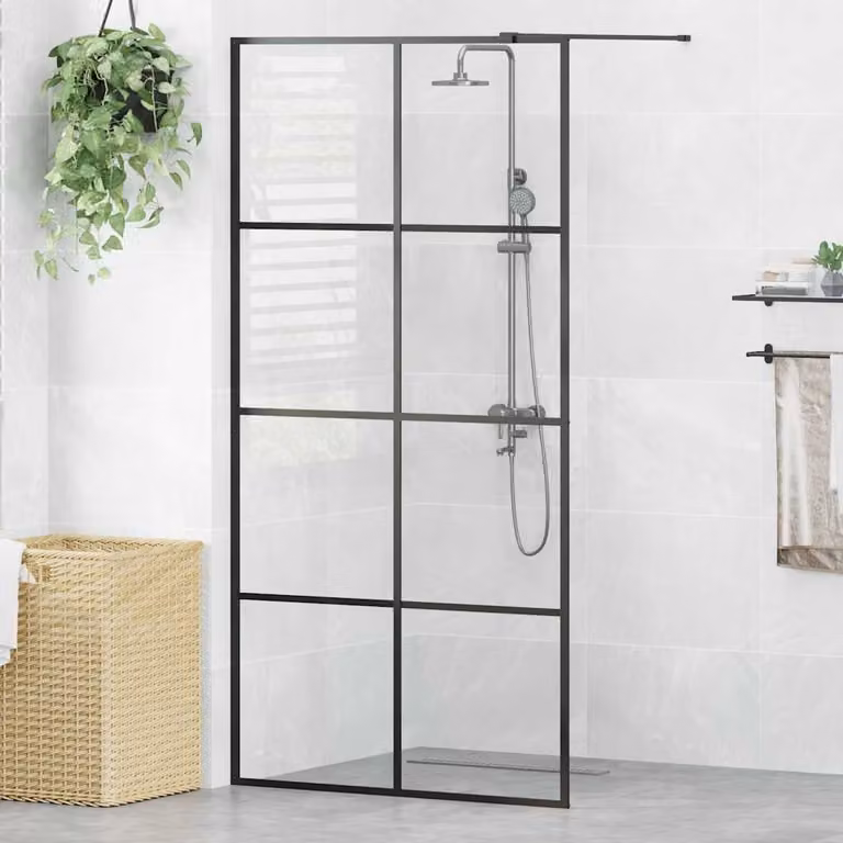 Parete per Doccia Walk-in vidaXL in Vetro Trasparente ESG, Colore Nero, L: 100 cm, H: 195 cm