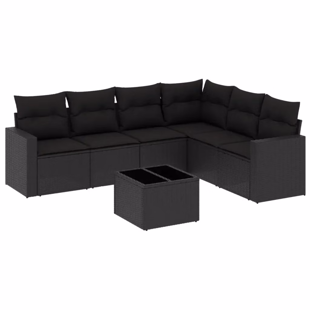 vidaXL Set Divani da Giardino a L con Cuscini 7pz Nero Polyrattan e Tavolino in Vetro – 2