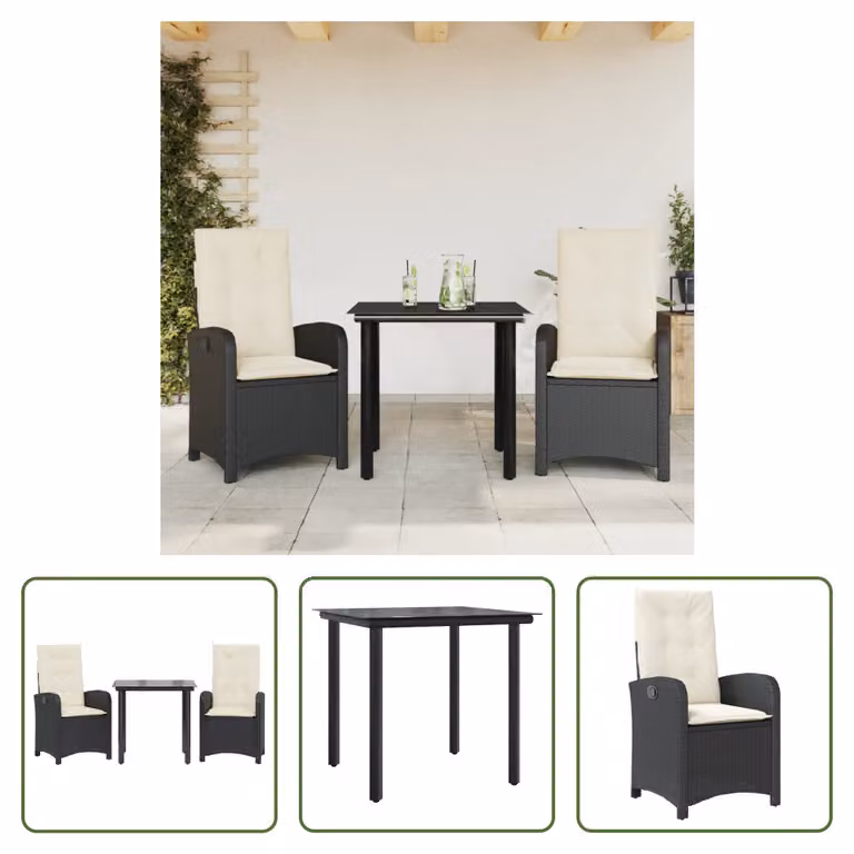 The Living Store Set da pranzo da giardino in 3 pezzi con cuscini in poly rattan nero