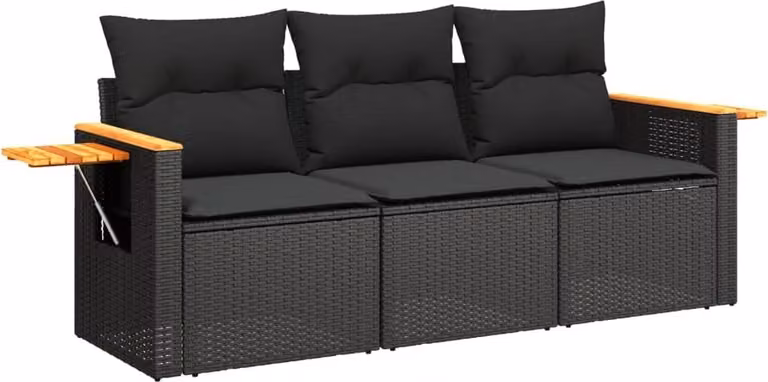 Set Divani da Giardino 3 pz con Cuscini in Polyrattan Nero