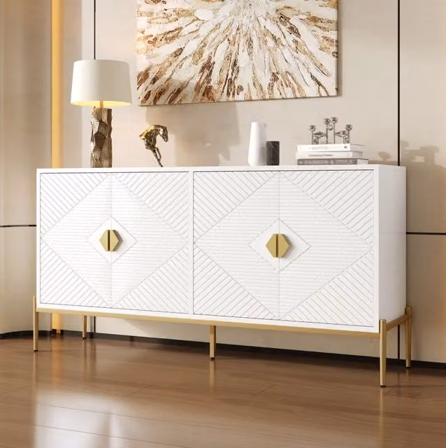 Credenza 162x40x80 cm bianco in MDF e pannello truciolare, 4 ante