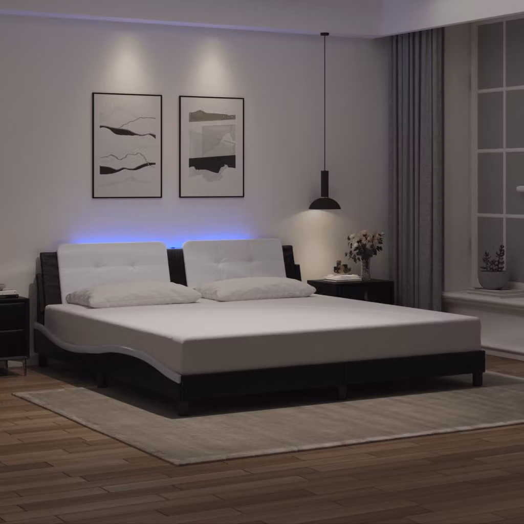 vidaXL Giroletto Zadar con LED e porta USB senza materasso, Nero e Bianco, 200 x 200 cm – 1